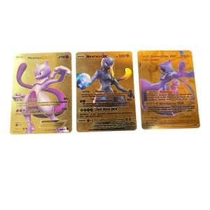 Lot of 3 Fan Art Gold‎ Pokemon Cards Mewtwo Dark Mewtwo Mew and Mewtwo